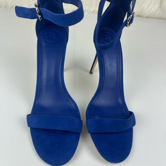 GUESS Women’s 9M Suede Blue Ankle Strap Kitten Heels Slingbacks Open Toe - Picture 7 of 8
